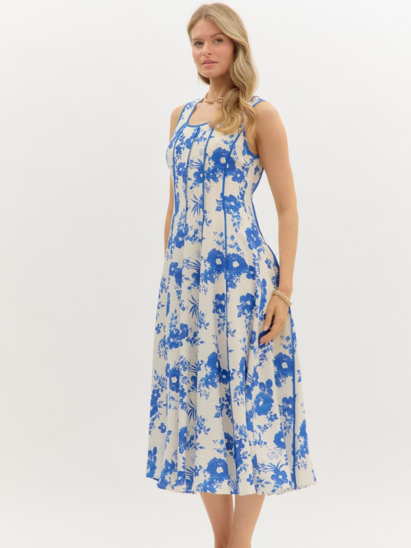 Blue Floral Square Neck Midi Dress