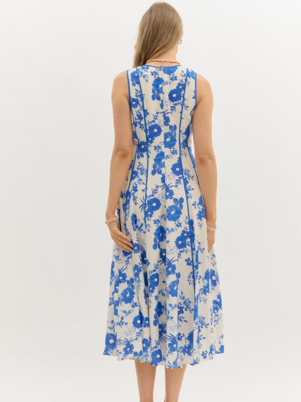 Blue Floral Square Neck Midi Dress