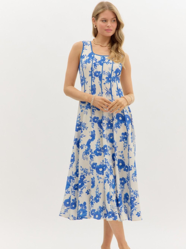 Blue Floral Square Neck Midi Dress