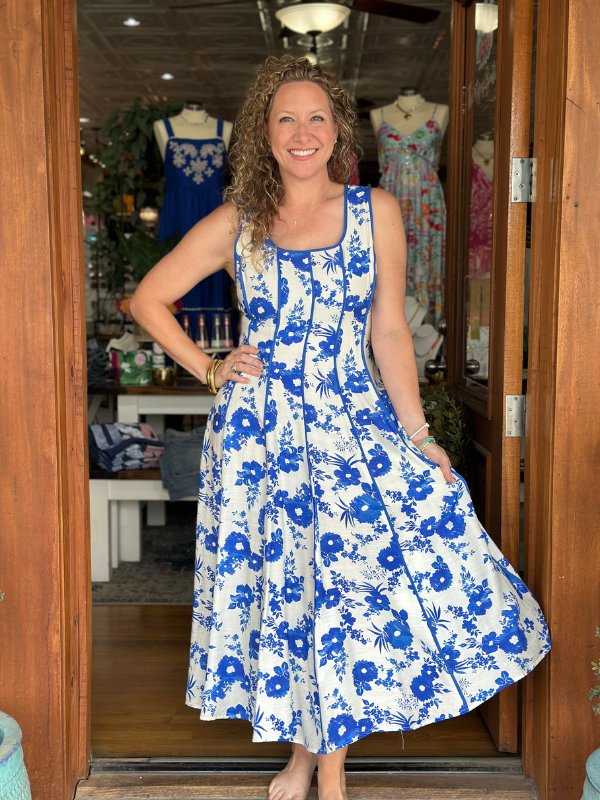 Blue Floral Square Neck Midi Dress