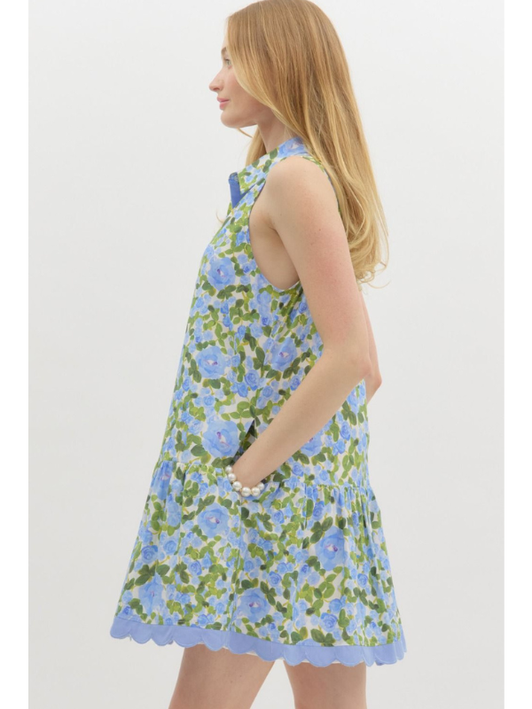 Blue + Green Floral Sleeveless Shirt Dress