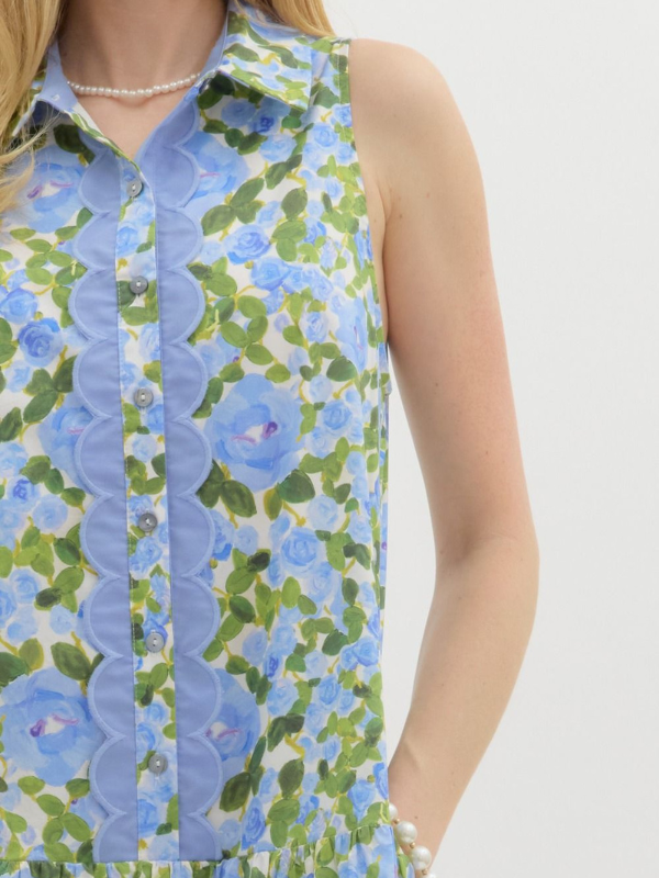 Blue + Green Floral Sleeveless Shirt Dress