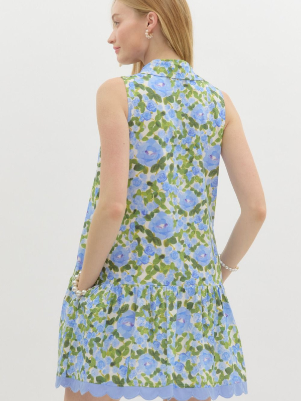 Blue + Green Floral Sleeveless Shirt Dress
