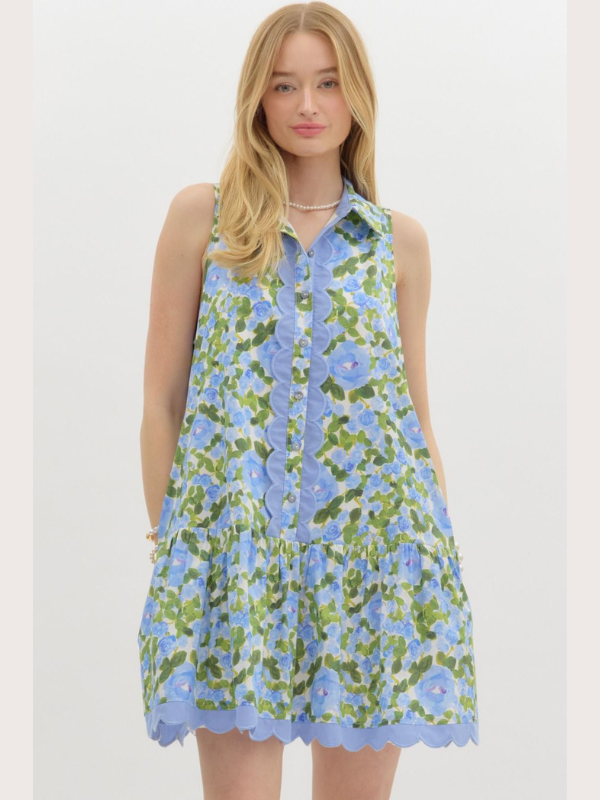 Blue + Green Floral Sleeveless Shirt Dress