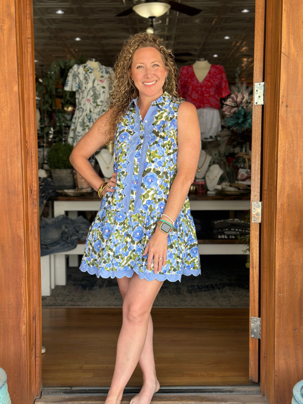 Blue + Green Floral Sleeveless Shirt Dress