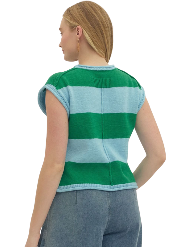 Person wearing a green and light blue striped shirt on a white background