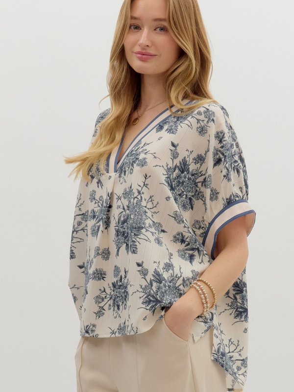 Blue Grey Floral Dolman Top
