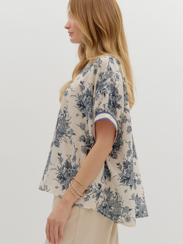 Blue Grey Floral Dolman Top