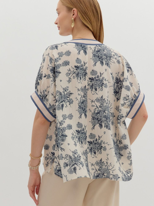 Blue Grey Floral Dolman Top
