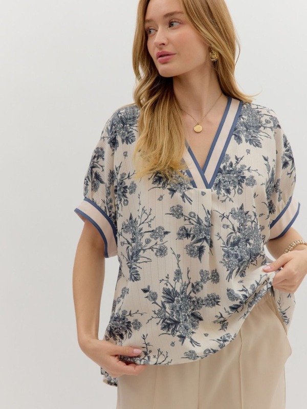 Blue Grey Floral Dolman Top