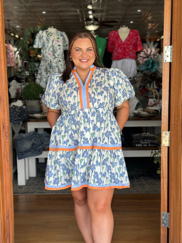 Blue + Orange Floral Print Mini Dress