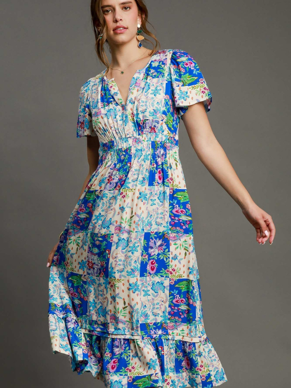 Blue Patchwork Floral Smocked Midi Dress