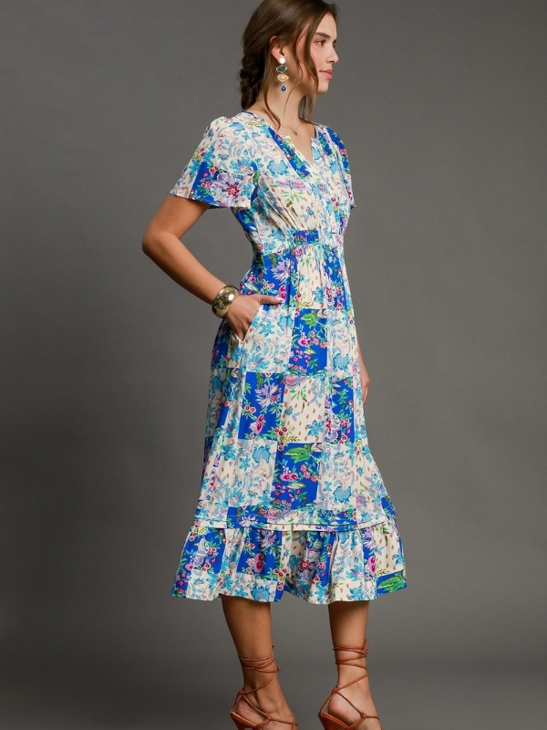 Blue Patchwork Floral Smocked Midi Dress