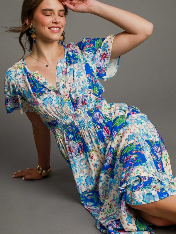 Blue Patchwork Floral Smocked Midi Dress