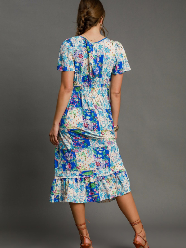 Blue Patchwork Floral Smocked Midi Dress
