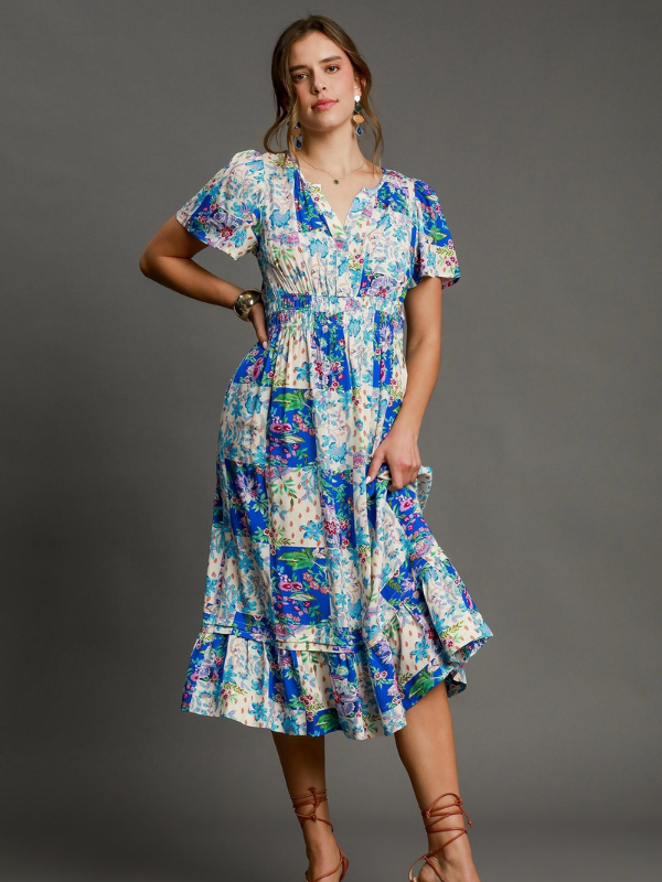 Blue Patchwork Floral Smocked Midi Dress