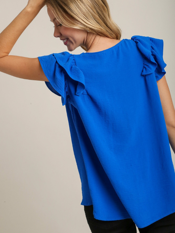 Royal Blue Ruffle Sleeve V-Neck Top