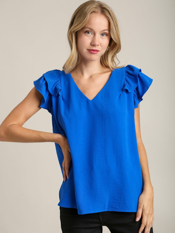 Royal Blue Ruffle Sleeve V-Neck Top