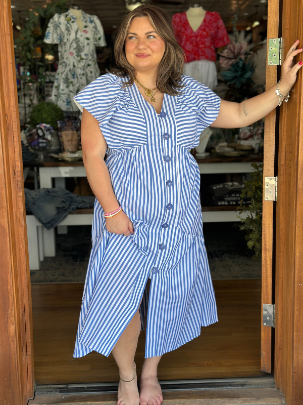 Blue Stripe Button Down Midi Dress
