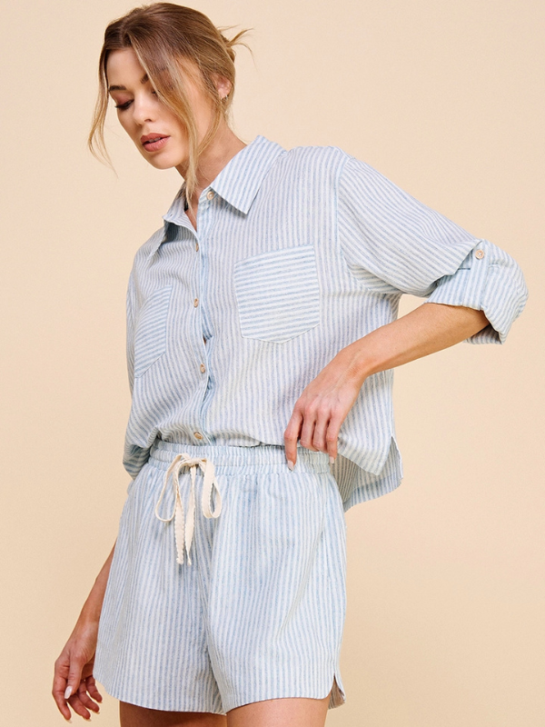 Blue Stripe Cropped Linen Shirt