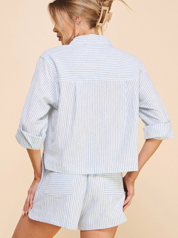 Blue Stripe Cropped Linen Shirt