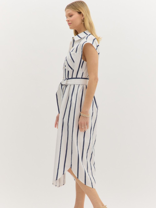 Blue & White Striped Button Up Shirt Dress