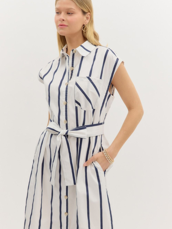 Blue & White Striped Button Up Shirt Dress