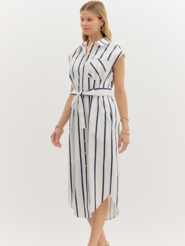 Blue & White Striped Button Up Shirt Dress