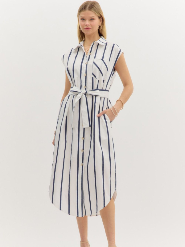 Blue & White Striped Button Up Shirt Dress