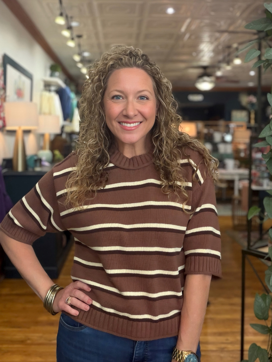 woman wearing brown and cream striped short sleeve sweater top