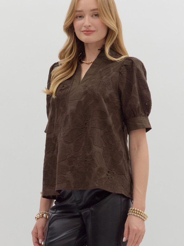 Brown Floral Embroidered Top
