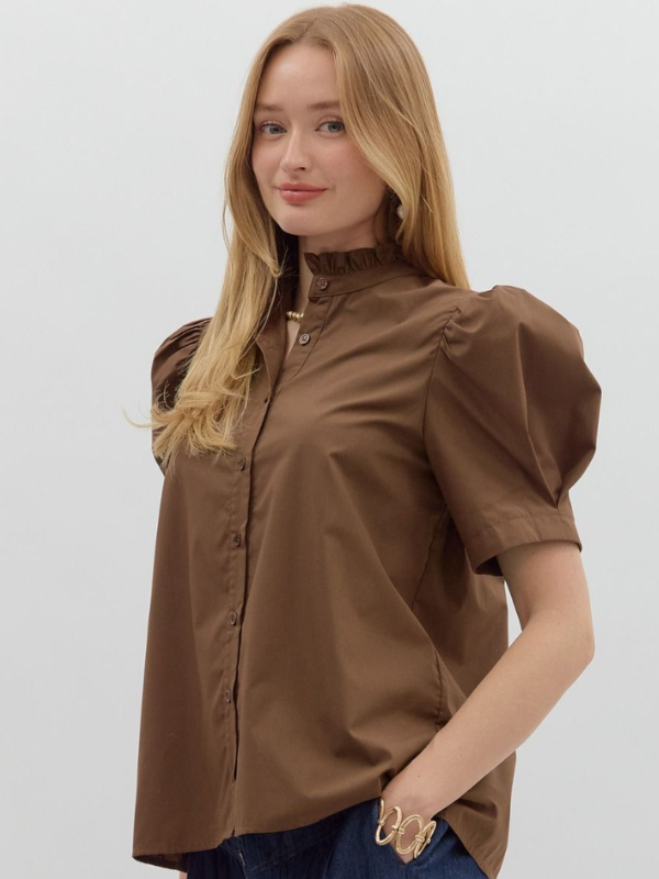 Brown Puff Sleeve Button Up Top