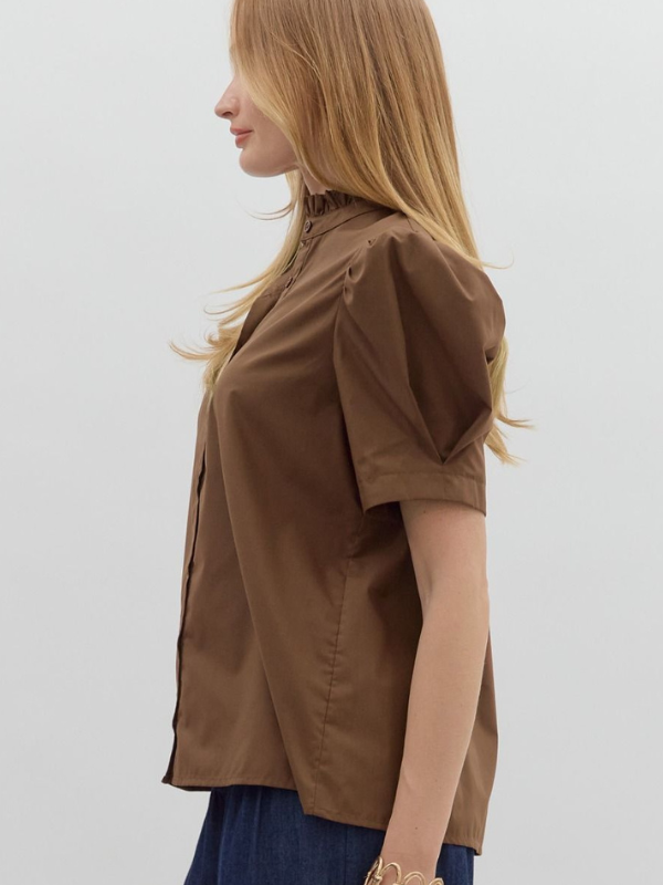 Brown Puff Sleeve Button Up Top