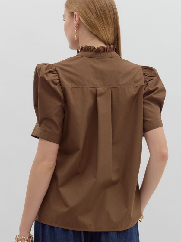 Brown Puff Sleeve Button Up Top