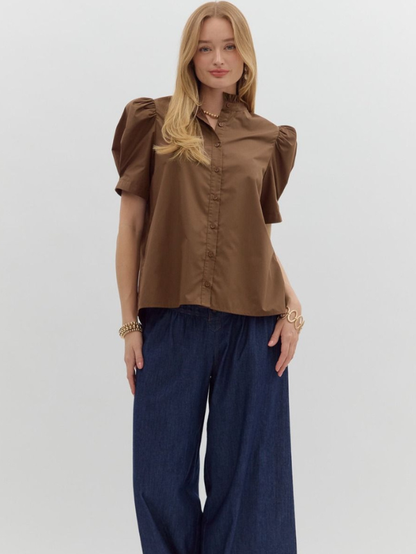 Brown Puff Sleeve Button Up Top