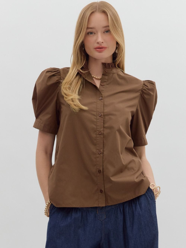 Brown Puff Sleeve Button Up Top