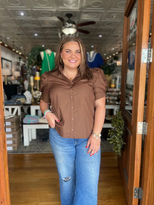 Brown Puff Sleeve Button Up Top