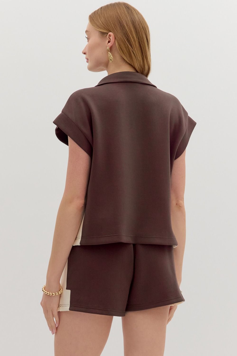 Brown Zip Front Pullover Knit Top