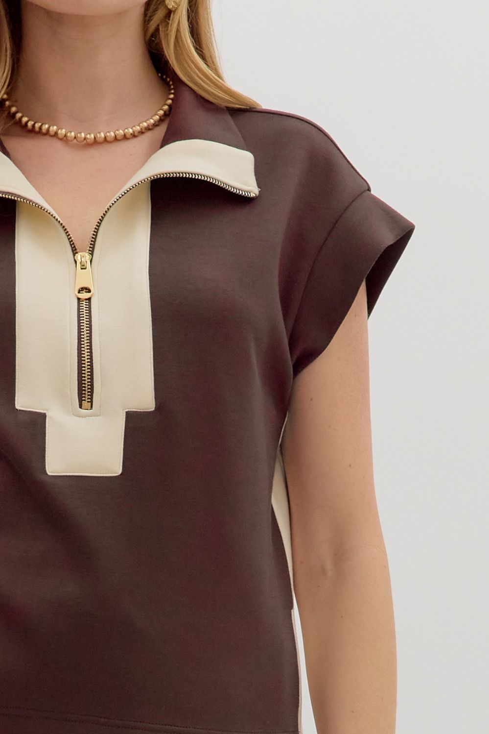 Brown Zip Front Pullover Knit Top