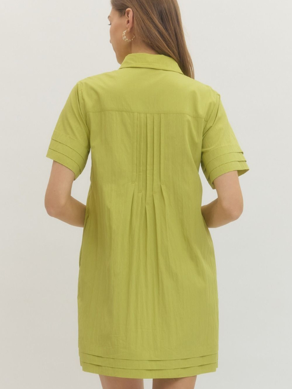 Woman wearing a green dress against a plain background
