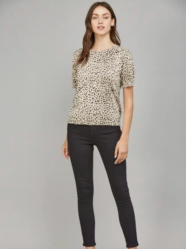 Woman wearing a leopard print top and black pants on a gray background