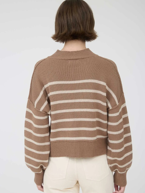Person wearing a brown and beige striped sweater against a white background