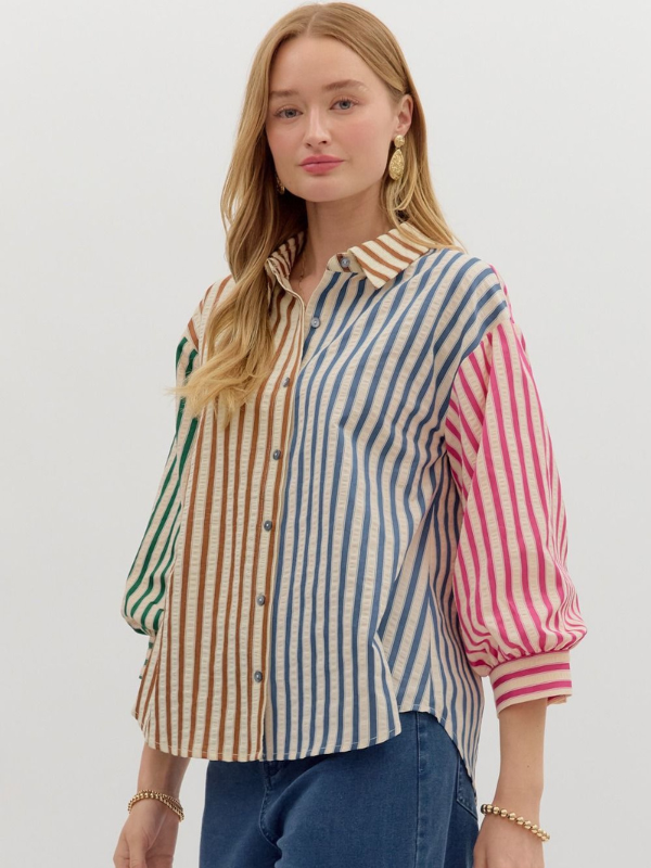 Color Block Stripe Button Down Top