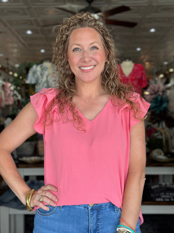 Coral Pink Ruffle Sleeve V-Neck Top