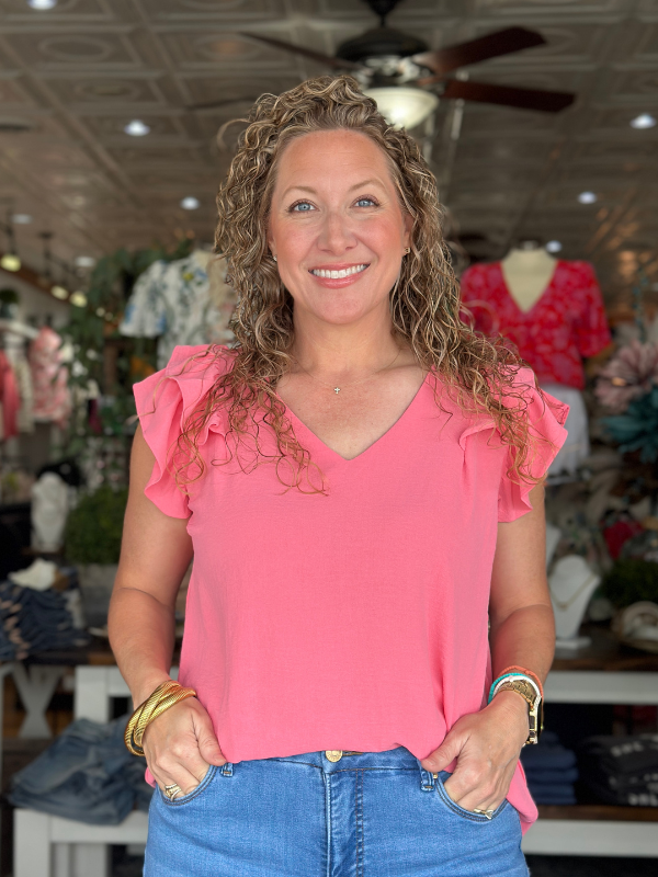 Coral Pink Ruffle Sleeve V-Neck Top