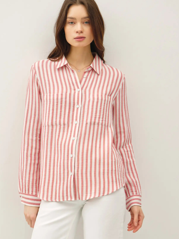 Coral Striped Gauze Button Up Top