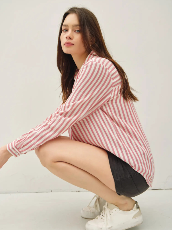 Coral Striped Gauze Button Up Top