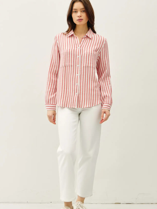 Coral Striped Gauze Button Up Top