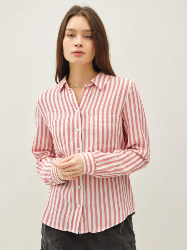 Coral Striped Gauze Button Up Top