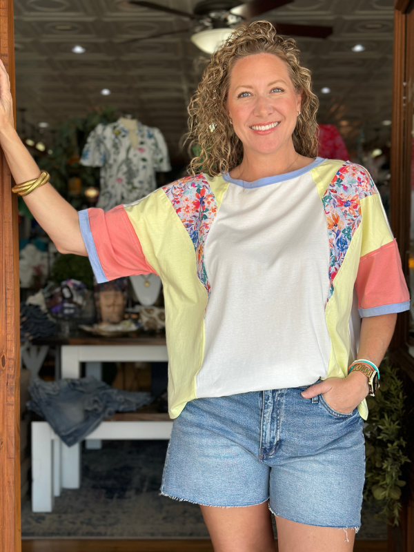 White Spring Floral Colorblock Top